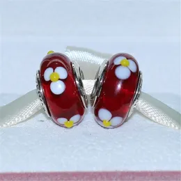 Lampwork hecho a mano 925 plata esterlina Margarita roja Murano Glass Charm Bead se adapta a pulseras de joyería Pandora europeas