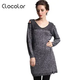 Wholesale- Clocolor Long Sweater Women V Neck Loose Women Sweaters Pullovers 2016 Gray Hole Autumn Winter Long Sweater Women Knitwear M