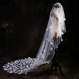 3d blommiga applikationer Brudkatedral Veils Bead One Lager Custom Made Long Tulle Wedding Veil Gratis frakt