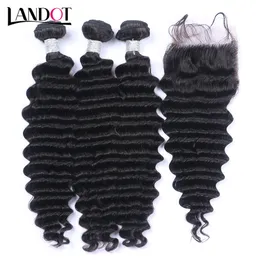 Peruvian Malaysian Brazilian Virgin Hair Weaves 3 Bundles with Top Lace Closure Deep Wave Curly 8A Indian Cambodian Remy Human Hair Closures