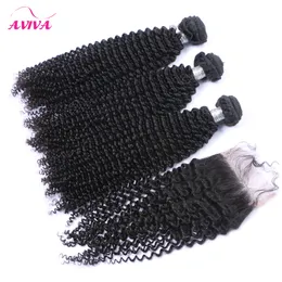 Ryska Kinky Curly Virgin Hair Weaves With Closure 4 st / Lot Orocessed Ryska Curly Virgin Hair Buntar med Top Lace Stängningar Mjuk Full