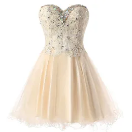 2017 Sexy Cryteksal Koronki A-Line Mini Sukienka Homecoming Dress z aplikacjami Cekiną Tulle Lace Up Graduation Party Suknia BH02