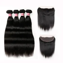 Peruvian Straight Virgin Hair With Lace Frontal Stängning med buntar 100% Obehandlat Human Hair Weave Bundlar med stängning HC Hårprodukter