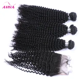 Peruvian kinky Curly Virgin Human Hair Weaves With Closure 5pcs Lot Lace Closes och 4 buntar Obehandlat Peruansk Kinky Curly Virgin Hair