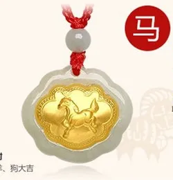 Guld inlaid jade changmingsuo zodiac (häst) charm halsband hängsmycke (talisman)