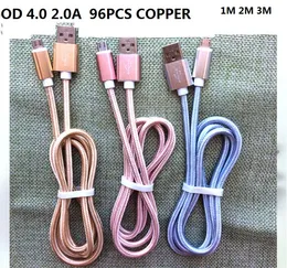 3M 10FT OD 4.0 2.0A 96 COPPER SPEED Charge Aluminum Metal Nylon Braided Cable Micro USB Data Sync Charging Wire for PHONE 100pcs