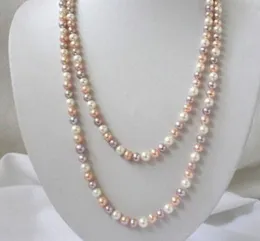 Lang 36 "7-8mm Real Natural White Pink Purple Akoya Cultured Pearl Necklace