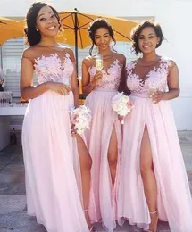 2017 Blush Pink Lace Aphlequed Bridesmaid Dresses Chiffon Floor Length High Slits Maid of Honor Prom GownsウェディングパーティードレスBM0195Q