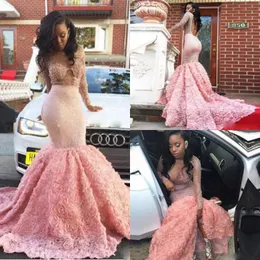 Pink Charming Mermaid Prom Dresses 2k17 Long Sleeves Sheer Neck Sequins Beaded Evening Gowns Backless Rose Long Train Formal Party Dress