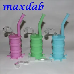 Glow in dark Silicone Oil Drum Rigs hookah Mini Silicon Rig Bongs water pipe with glass down term and quartz bangers