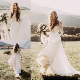 저렴한 보헤미안 비치 레이스 웨딩 드레스 깎아 지른 롱 슬리브 Bateau Neck A 라인 Appliqued 쉬폰 Boho Country Bridal Gowns