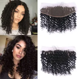 Afro Curly Hair Frontal Closure 13x4 Öron till örat Spets Frontlåsning med blekta knutar Naturfärg 1B Human Remy Hair Extensions