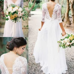 Boho Elegant Modest Beach Chiffon A-line Wedding Dress With 3/4 Sleeve Lace Applique Garden Long Bridal Gown Custom Made Plus Size