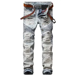 Wholesale- NEW Ink Biker Men Jeans Homme Hi Street Hole Slim Fit Distressed Ripped Denim Pants Male Washed Punk Cotton Jeans