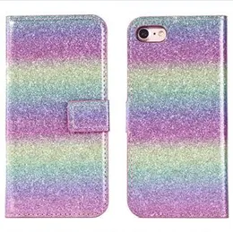 Bling Glitter Wallet Leather Case Rainbow Gradient Card Stand Phone Skin Cover for iphone Xs Max XR 8 Plus Samsung S10 P30 Lite