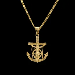 Pendant Necklaces New Punk Style Crucifix Jesus Cross Rudder Anchor Pendant Necklace Gold Color Stainless Steel Hip hop Jewelry Items Wholesale