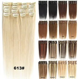 Blond Svart Brun Silkeslen rakt äkta människohår remy Clip in Extensions 15-24 tum 70g 100g 120g Brasiliansk indian för Full Head Double Weft