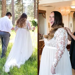 Plus Size Beach Wedding Dresses Sheer Tulle Bateau Neck Illusion Long Sleeves Lace Appliques Sash Custom Made Bridal Gowns Curvy Brides