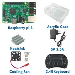Livraison gratuite 1 Go Ras pi 3 Kit Raspberry Pi 3 modèle B Board + boîtier en acrylique + ventilateur de refroidissement + dissipateur de chaleur SIC + chargeur d'alimentation 5V2.5A + clavier 2.4G