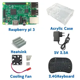 Freeshipping 1 GB RAS PI 3 Kit Ahududu Pi 3 Model B Tahtası + Akrilik Kılıf + Soğutma Fanı + SIC Isı Emici + 5v2.5A Güç Şarj + 2.4G Klavye