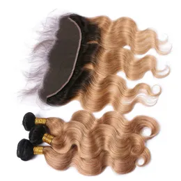 Honey Blonde Ombre Ear to Ear 13x4 Lace Frontal Closure With Bundles 3Pcs Body Wave 1B/27 Ombre Virgin Human Hair With Frontal