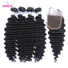 5PCS Lot Malaysian Deep Wave Curly Virgin Hair With Closure Malaysian Lace Closure med 4 buntar Malaysian Deep Wave Wavy Human Hair Weaves