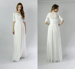 Long Beach Modest Wedding Dresses With Sleeves Lace Chiffon A-line Informal Bridal Gowns With Half Sleeves Floor Length Boho Wedding Gowns