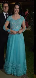 2019 Turquoise Prom Dress Charming A Line Lace Tulle Floor Length Long Sleeves Formal Evening Party Gown Plus Size vestidos de festa