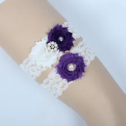 Vintage Bridal Garters Prom Garter Bridal Ślubny podwiązka 2 sztuk Zestaw Purpurowe Koronki Dżetów Perły Kryształy W magazynie Tanie Plus Rozmiar