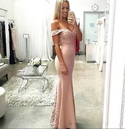 Enkel Blush Pink Long Bridesmaid Dresses Lace Top Off The Shoulde Prom Party Gowns Lace Mermaid Evening Dresses Bridal Gästklänningar