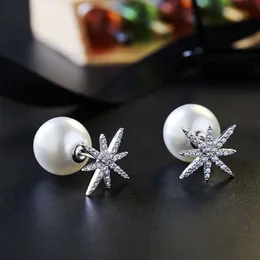 Sweet Style Creative New S925 Sterling Silver Pin Stars Pearl Stud Anti-Allergic Micro-Zircon Crystal Earrings Free Shipping