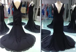 Real Pictures Black Colour South African Girls Mermaid Evening Dress Sexy V-neck Chiffon Dubai Long Formal Party Gown Size 8 10 12