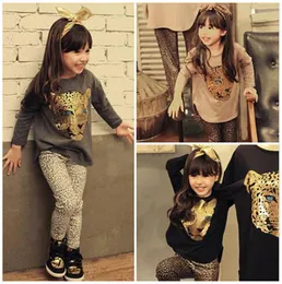 2017 DHL Gratis frakt Toddler Girls Kläder Barnflickor Barnkläder Barnkläder Full ärm T-shirt Leopard Legging Vestidos