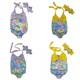 Sommar 2018 baby baddräkt tjejer barn flicka sjöjungfru bikini en bit badkläder med huvudband barn baddräkt tjejer simning kostym beachwear