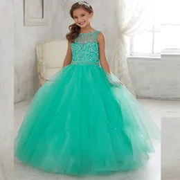 Jade Mint Little Girls Pageant Abiti per adolescenti Sheer Illusion Tulle Neck Paillettes Perline Bambini Flower Girls Birthday Princess Gowns