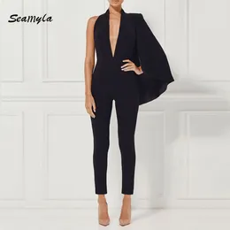 Partihandel-2017 Nyaste Deep V Neck Runway Jumpsuit Toppkvalitet Kvinnor Svart Sexig Backless Bodycon Bodysuits Moderna Chic Party Jumpsuits