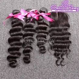 100% Indian Hair Weave Wavy Loose Deep Wave 1pc Middle Part Top Lace Closure 4 "X4" med 3 st Hårbuntar Naturliga hårförlängningar