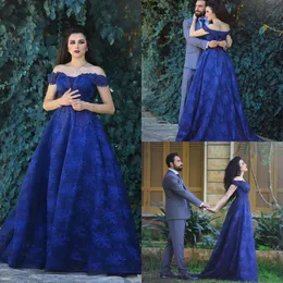 Off 2017 azul royal ombro noite renda a linha vestidos de baile voltar zíper varredura trem formal vestido de festa com apliques nova chegada