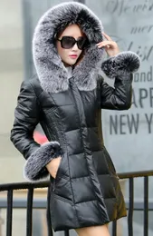 Nya Kvinnors Äkta Sheepskin Leather Natural Fox Fur Hooded Fur Cuff Luxury Medium Long Duck Down Parka Coat Casacos Plus Storlek 5XL