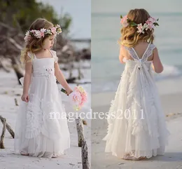 Vestidos das meninas lindos das flores brancas para o casamento 2019 praça rendas babados crianças trajes formais sem mangas vestidos de longa pageant girl da praia