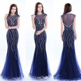 Navy Blue Sequins Beading Prom Klänningar 2017 Sheer Back Tulle Mermaid Evening Kappor Ruffles Golvlängd Verklig Foton Formell Party Dress