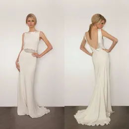 Enkel 2017 Ny Elfenben Chiffon Beach Mermaid Bröllopsklänningar Sexiga Billiga Backless Beaded Sash Long Bridal Gowns Custom Made Kina EN11242