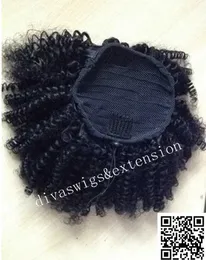Kısa sapıkça kıvırcık insan saçı İpli ponytails Klip bakire brezilyalı saç siyah kadınlar için jet doğal siyah puf 100g-140g