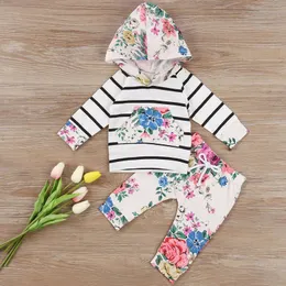 Nyaste nyfödda barnkläder uppsättning höst spädbarn baby tjejer kläder uppsättningar blomma randiga hoodies + byxor 2pcs outfits barn tjejer kläder för 0-24m