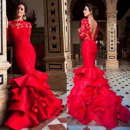 Jewel Neckline Mermaid Evening Dresses with Long Sleeves Lace and Satin Ruffled Skirt Red Prom Dress Vestidos Longos De Festa