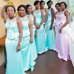 Stunning Lace Appliqued Mermaid Bridesmaids Dresses Jewel Neck Peplum Wedding Guest Dress Floor Length Satin Maid Of Honor Gowns