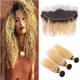 Kinky Curly Blonde Ombre frontal stängning med buntar 3pcs t1b / 613 Två ton Ombre Virgin Human Hair Weaves med 13x4 Full Lace Frontal