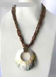 4Strands Coffee Baroque Freshwater Pearl Crystal Shell Pendant Necklace