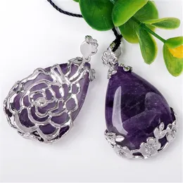 Top Selling Natural Purple Quartz Inlaid Teardrop Pendant Reiki Chakra Pärla för halsband Presentkvinnor Trendiga Smycken