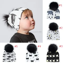 Baby Animals Prints INS Pom Beanie Hats panda Shark Bear Girls Boys Faux Fur Pompom Ball Earmuffs caps C3215